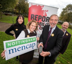 Coralie Mortimer (Tornado Gloves), Karen Aspley (MENCAP), Paddy Tipping (PPC) and Mike Coston (Nottingham Mencap)